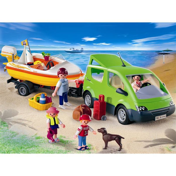 PLAYMOBIL - Familiebil og båd - 4 tegn - Bådtrailer - Hund - Tilbehør