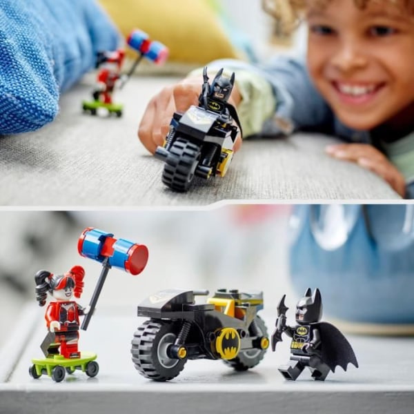 LEGO DC Batman 76220 Batman vs. Harley Quinn, figurer och motorcykelleksak med Batarang