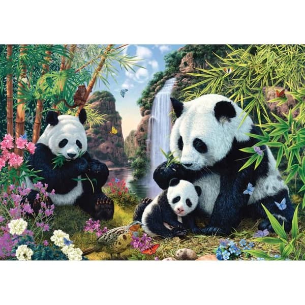 500 palapelin palapeli: Panda-perhe vesiputouksella Enfärgad
