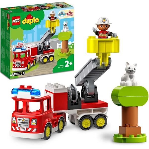 LEGO 10969 DUPLO Town Brandbilen, pedagogisk leksak, minifigurer, rädda djuren, pedagogiskt spel, present till barn från 2 år