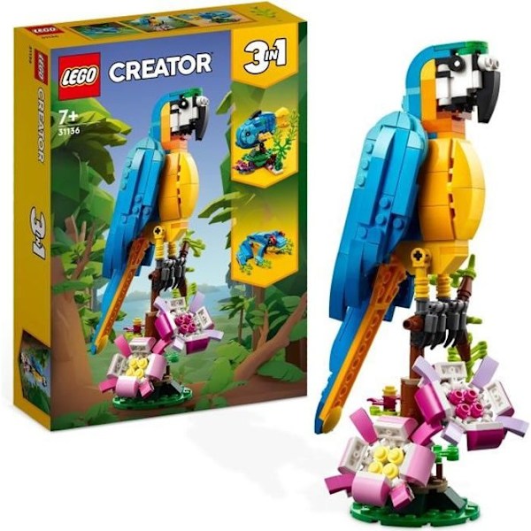 LEGO® Creator 3-i-1 31136 Den exotiska papegojan, minifigurer av djungeldjur, med groda och fisk hvid