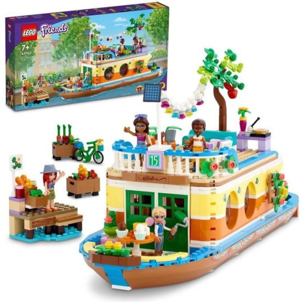 LEGO® 41702 Friends pråmen, leksaksbåt för barn från 7 år med trädgård, 4 minidockor, djurfigurer, naturset
