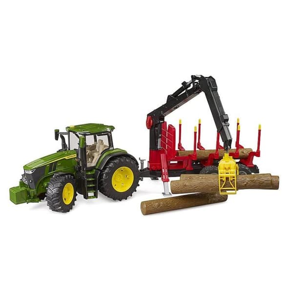 John Deere 7R med skogsvagn och 4 trästammar