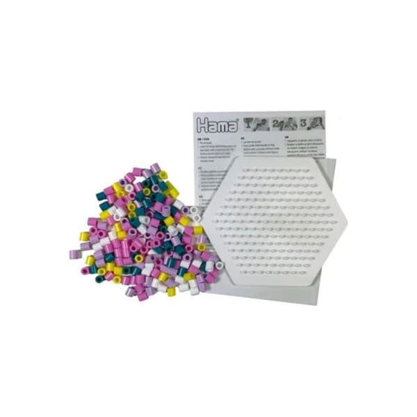 Perleplade - HAMA - lille model - 450 perler - motiv af enhjørninger - hexagonal plade nr. 223