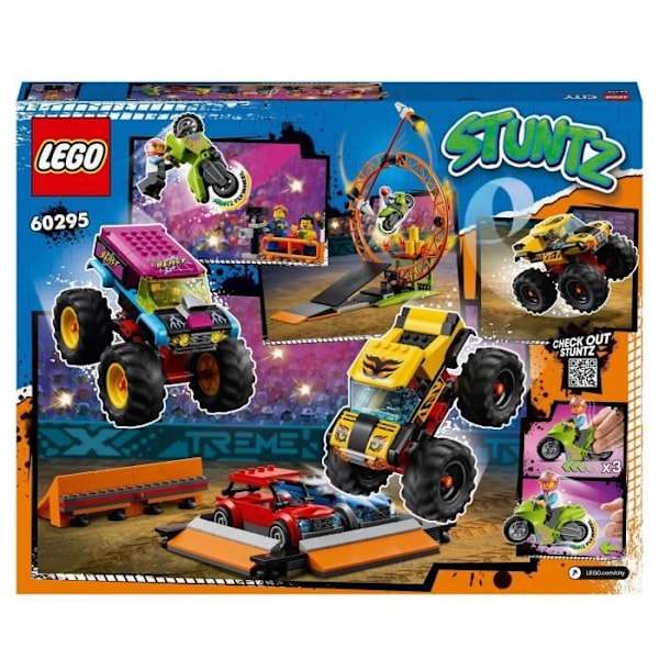 LEGO® 60295 City Stuntz Stunt Show Arena, 2 monstertruckar och leksaksbilar, Pull-Down Motorcykel, Circle