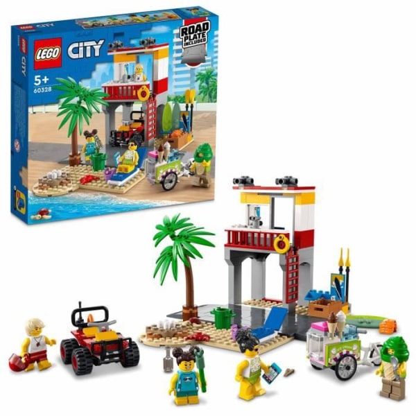 LEGO® 60328 City Första hjälpen-stationen på stranden, byggleksak, fyrhjuling och vägskylt, present till barn +5 år