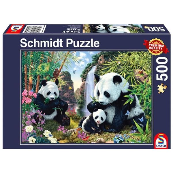 500 palapelin palapeli: Panda-perhe vesiputouksella Enfärgad
