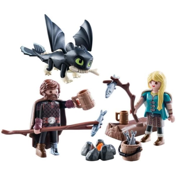 PLAYMOBIL - Dragons 3 - Hicka och Astrid med babydrake - Lägereld och tillbehör ingår