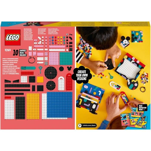 LEGO 41964 DOTS Creative Box Tillbaka till skolan Musse Pigg och Minnie Mouse, 6-i-1, förvaringslåda, fotoram, barn 6 år Röd