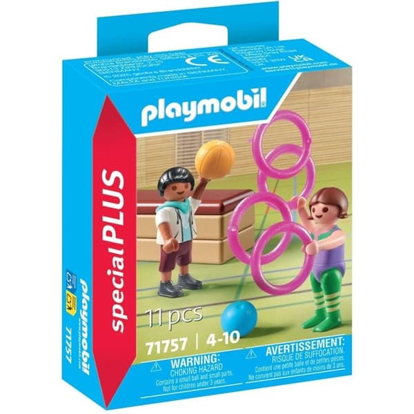 Två barn med gymnastikmaterial Flerfärgad