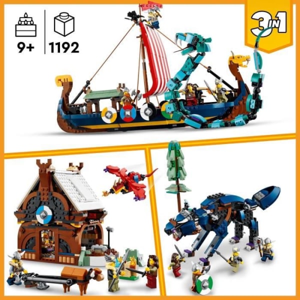 LEGO® 31132 Creator 3-i-1 vikingaskepp och Midgårdsorm som transformerar husleksak med drake eller varg