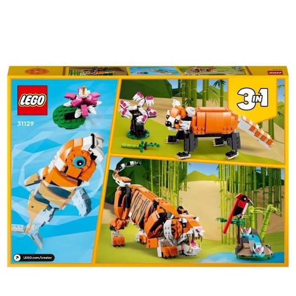 LEGO 31129 Creator 3-in-1 Hänen Majesteettinsa tiikeri, eläinlelu ja hahmo, muuttuu pandaksi ja kalaksi, 9-vuotiaat ja sitä vanhemmat lapset Flerfärgad