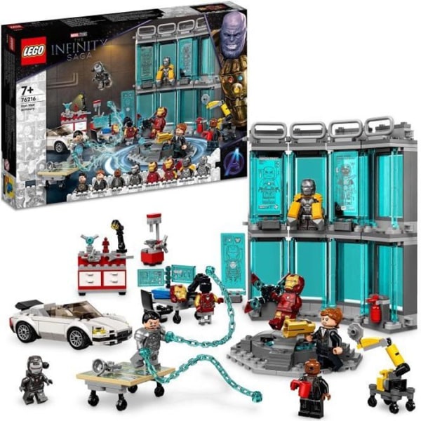 LEGO 76216 Marvel Iron Man Armory, Avengers Toy, Tony Stark minifigur, superhjältepresent, pojkar och flickor i åldern 7+