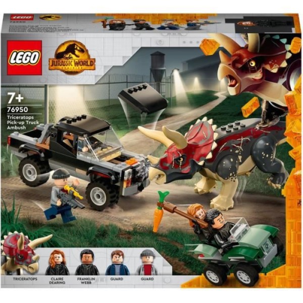 LEGO Jurassic World 76950 Triceratops bakhåll pickup, leksaksdinosaurie och bil