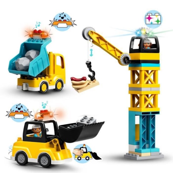 LEGO® 10933 DUPLO nosturi ja rakennuskoneet, kaivinkone, kuorma-auto valolla ja äänellä, lelu 2–5-vuotiaille lapsille