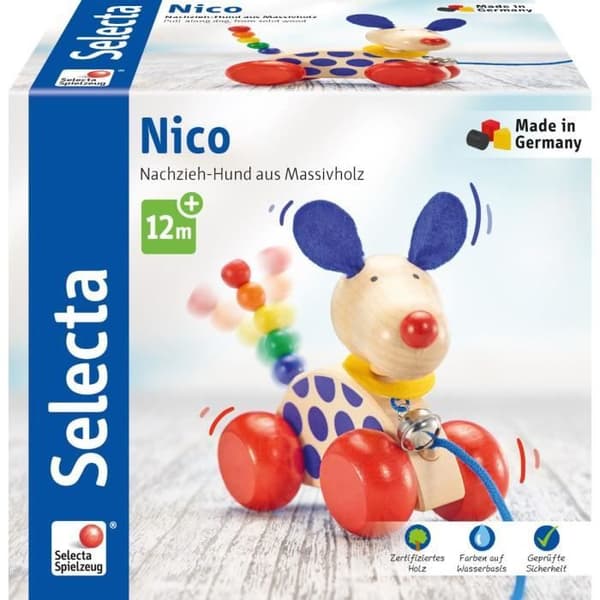 Pull figur - Selecta - Nico - Naturligt træ - 12 cm - Blå hund naturlig, blå