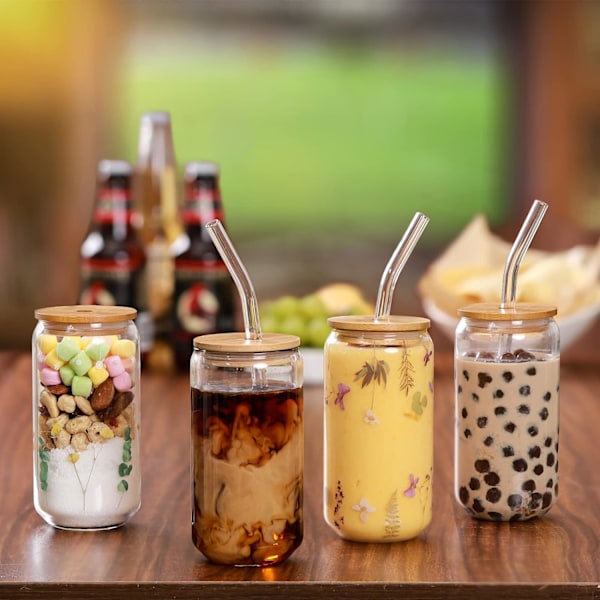 Dricksglas med bambulock och glasstrå 4-pack - 16oz burkformade glas, ölglas, iskaffeglas, söt tumlare, perfekt