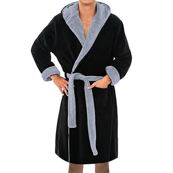 Men Hooded  Fleece Dressing Bathrobe CMK Black XL