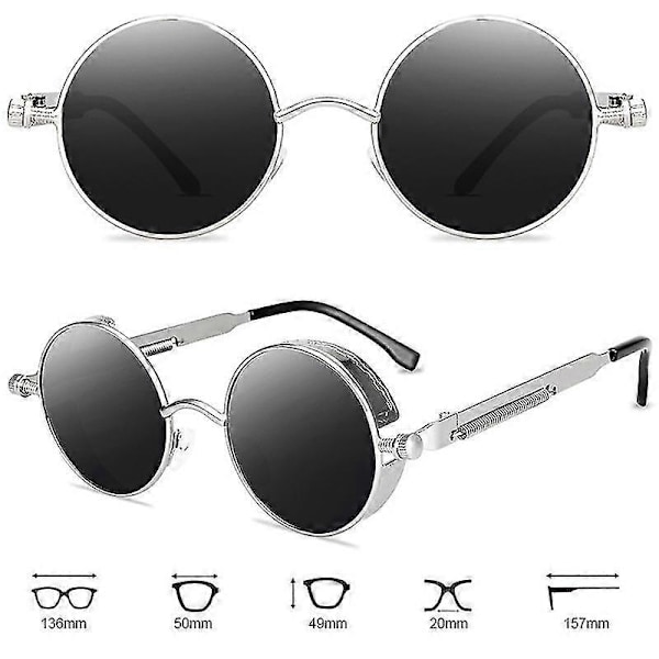 Vintage Polarisoidut Steampunk Pyöreät Aurinkolasit Miehille, Tyylikkäät Db Silver Frame Grey Lenses