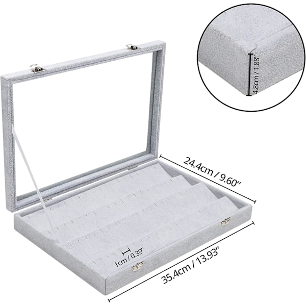Øreringeorganiseringsbakke Display Grå Velour med 50 Rum og Låg - 4-lags Smykkeorganiser Øreringe Display med Klart Glaslåg Stud Øreringe