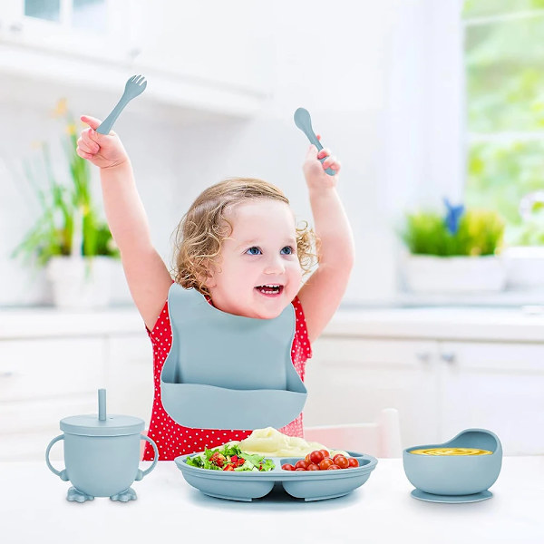Børns BPA-frie tallerkener Sæt Baby silikone sæt Blue