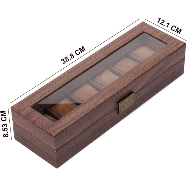 Etui för 6 klockor/display/låda/förvaring för klockor i PU och trä mönstrat glas