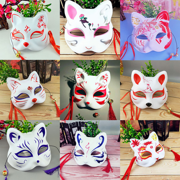 Håndmålad Half Face Fox Kitsune Mask Halloween Cosplay Masq C1 D1