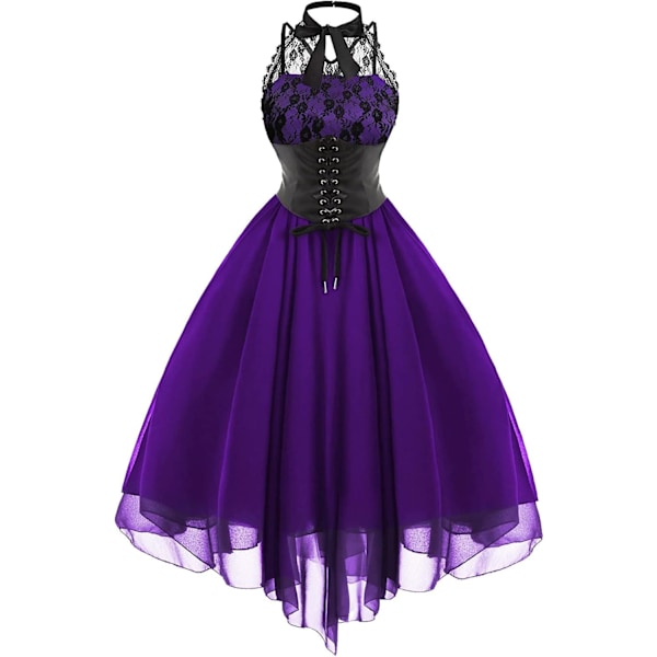 Ärmlös Gotisk Spetsklänning för Kvinnor 80-tals Festklänning Korsett Halter Spets Swing Cocktail Purple Purple L
