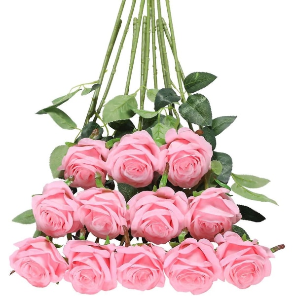 12st Konstgjorda rosor, Deco falska sidenblommor med enkel stjälk pink