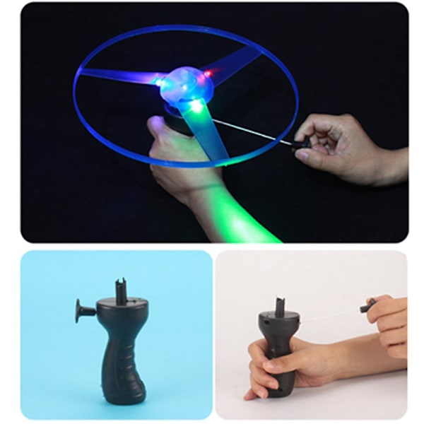 3 st LED-belysning Flygande Disc Propeller Helikopter Leksaker Dra String Flygande Fat UFO Snurrande Topp Leksak Barn Utomhus Kul Spel