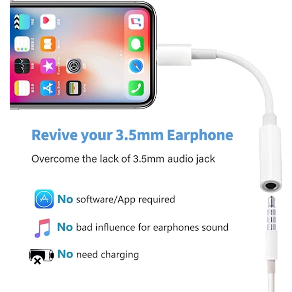 2x Lightning till 3,5 mm adapter för hörlurar Vit White one size