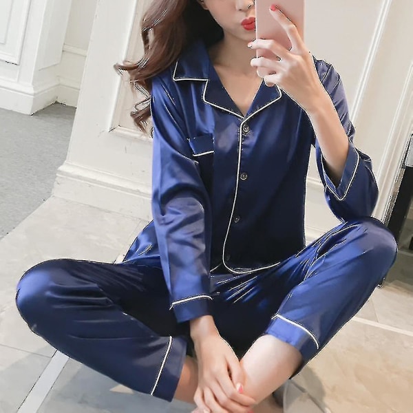 Kvinner Satin Silk Look Nattøy Pyjamas Langermet natttøysett CMK 2XL Blue