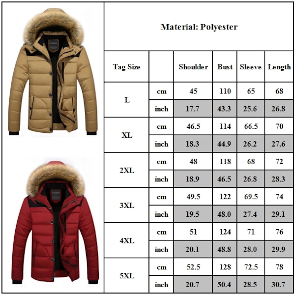 HERRE Vinterbomullsjakke med Hette Casual Menn Casual Glidelåsjakke Avtagbar Hette Khaki Khaki 2XL