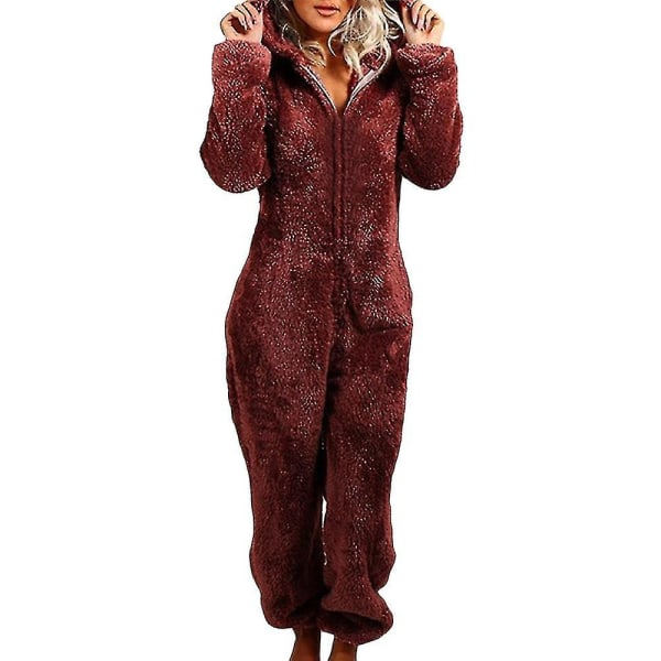 Dame Vinter Varm Myk Fluffy Pels Fleece hette Alt-i-ett Jumpsuit CMK Wine Red XL