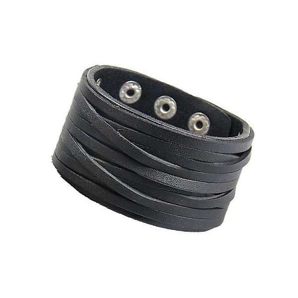 Herre Dame Punk Bredt Håndlavet Tolags Læderarmbånd Sort