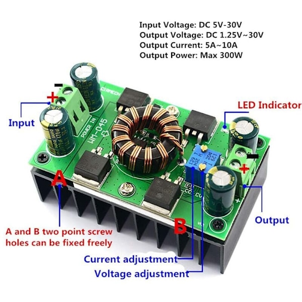 Automatisk Boost Buck-omvandlare, 5A (Max 10A) DC 5V-30V till 1,25-30V Spänningsregulator Konstant Spänning Konstant Ström
