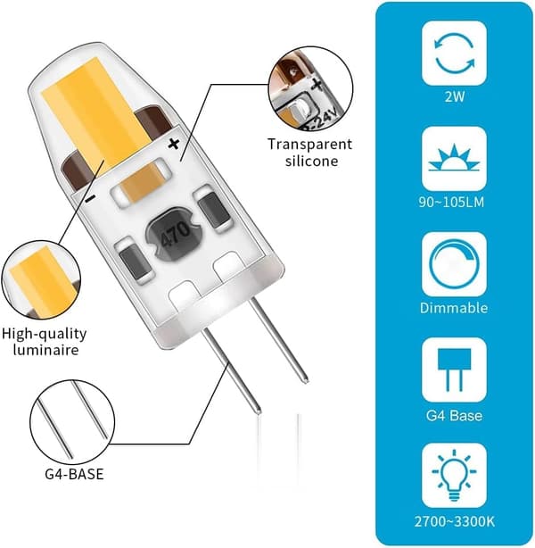 10 st LED G4 dimbara glödlampor, 2W, varmvit, AC/DC 12-24V