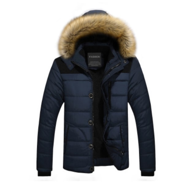 HERRE Vinterbomuldsjakke med Hætte Casual Mænd Casual Lynlås Jakke Aftagelig Hætte Blå Blue 5XL