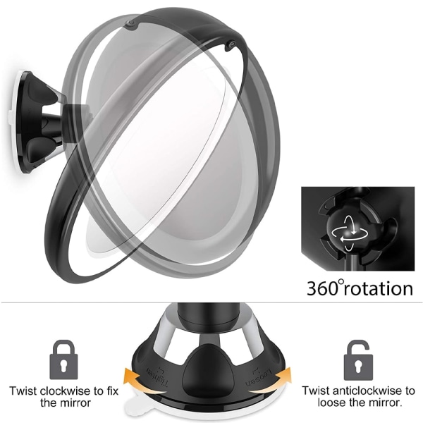10X forstørrende sminkespeil med LED 360° speil SVART SETT BLACK SET
