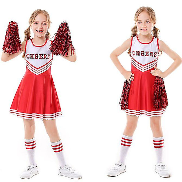 Pigers skolefest Cheerleader kostume Halloween musikalsk festkjole rød red 150cm