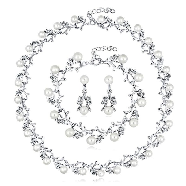 Pearl Necklace Earring Bracelet Set Alloy Jewelry Women Wedding Silver