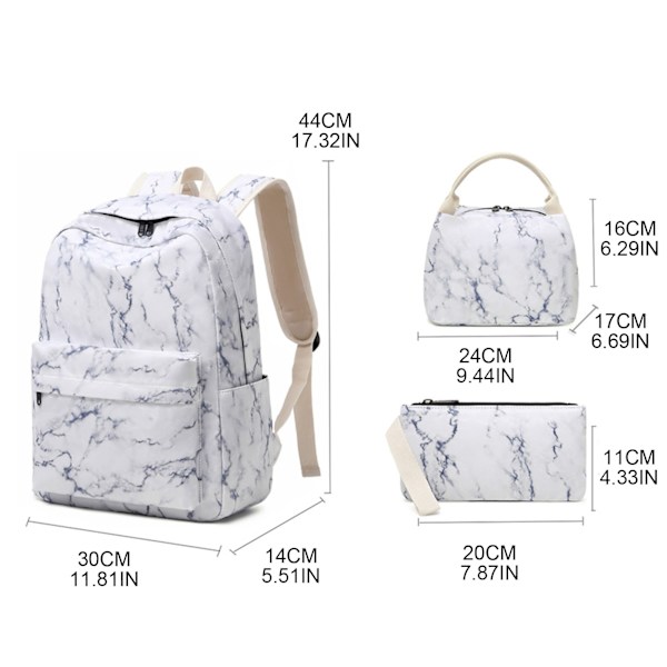 Söt marmor skolryggsäck för flicka Pojke Tonåringar Bokväska Set Laptop Dagsäck Lunch Tote Pencil Bag Skolväska