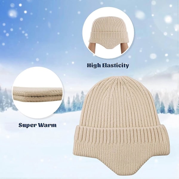 Strikket Hue til Mænd og Kvinder med Øreklapper, Vinterhue i Uld, Varm Skull Cap, Slouchy, med Ørevarmere