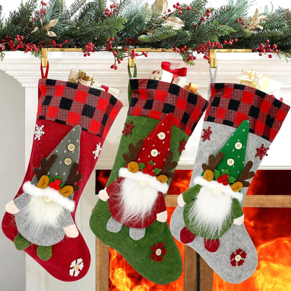 3. julstrumpor 19 tum med 3D Gnome Röd Grön Grå
