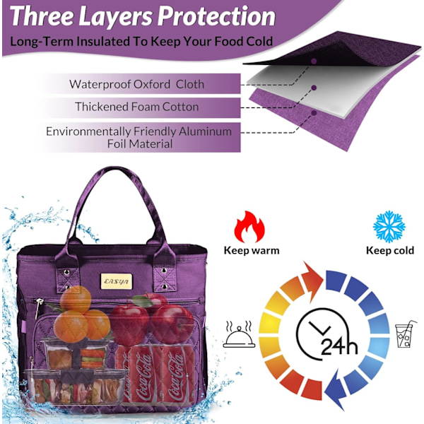 Stor frokosttaske til kvinder til arbejde, isoleret/kølet madkasse til voksne kvinder/holdbar nylon taske til kvinder/læksikker køletaske Purple