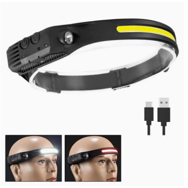Huvudlampa Uppladdningsbar, 1000 Lumen 230° Bred Stråle Super Ljus Huvudlampa med Handsfree Sensor, LED Huvudlampa 1500mAh IPX5 Vattentät Lä One white light red light