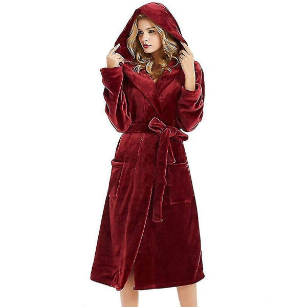 Women Ing Gown Hooded Fleece Lined Fluffy Bathrobe CMK Wine Red 2XL