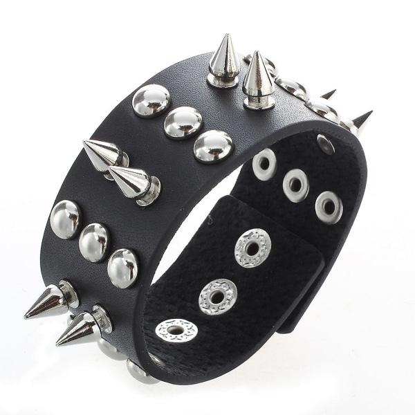 Metal Leather Men Bracelet With Spikes Studded Black
