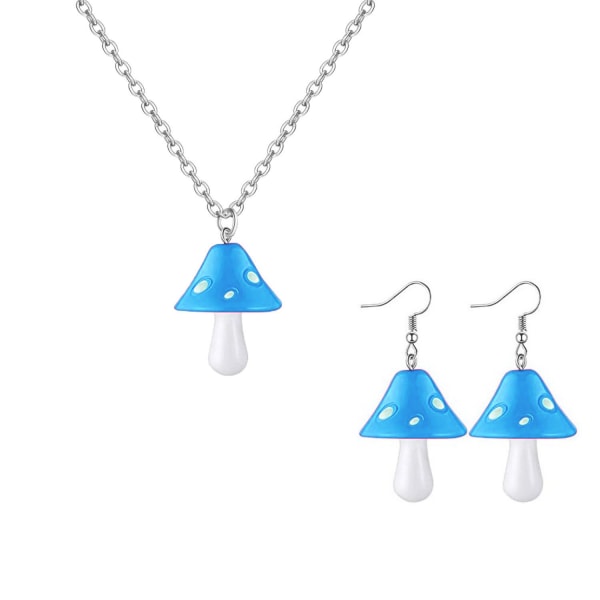 3D Mushroom Earrings Pendant Necklace Set blue