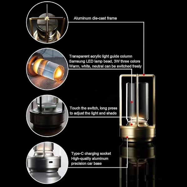 Lumison Krystalllykt Bordlampe, Bærbar Metall Bordlampe for Innendørs/Utendørs Bruk, Oppladbar LED-lampe Meget Bra-Perfekt